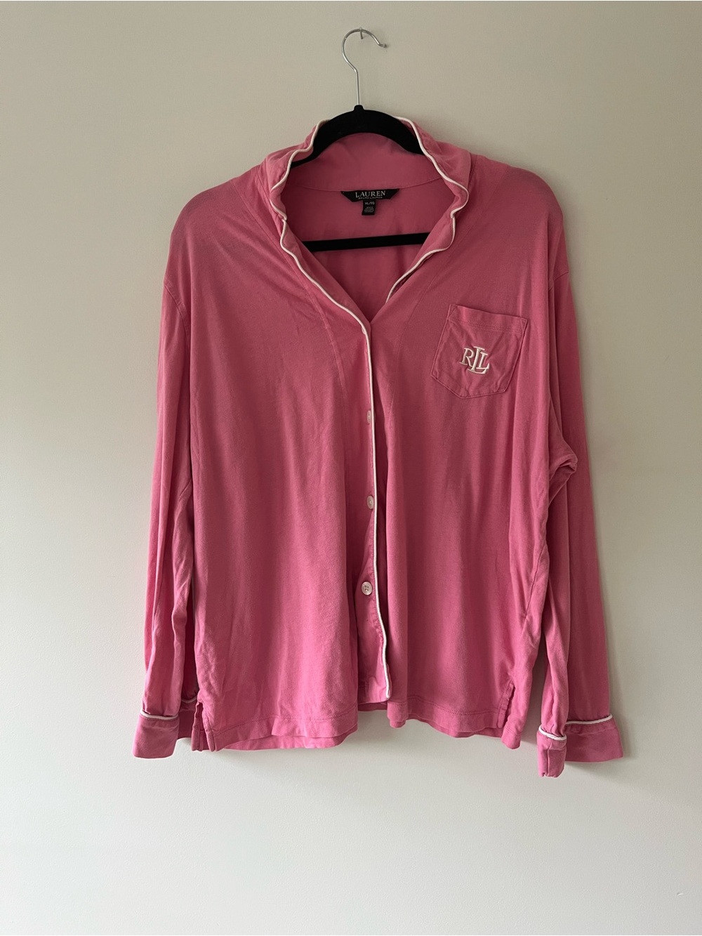 Ralph Lauren Pink Long-Sleeve Cotton Pajama Set with Contrast Trim RL Monogram